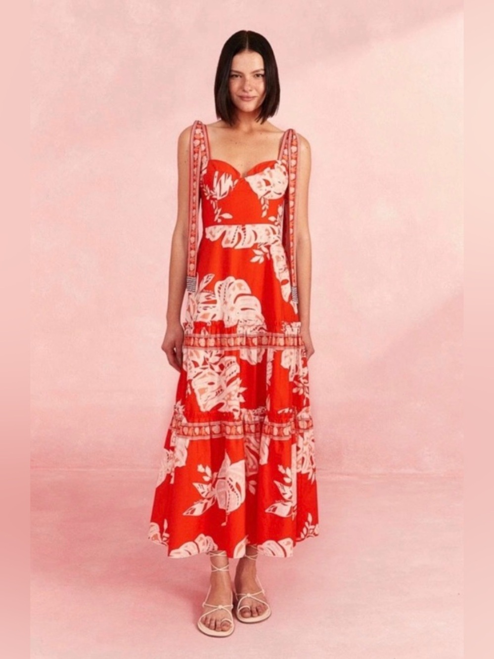 Farm Rio Red Lace Monsteras Midi Dress